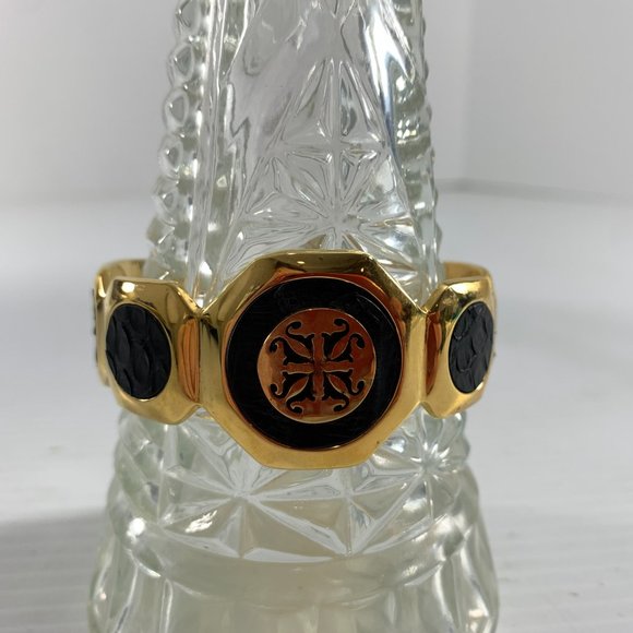 Rustic Cuff Gold Tone Black Snakeskin Leather Python Open Cuff Bracelet - Picture 4 of 9